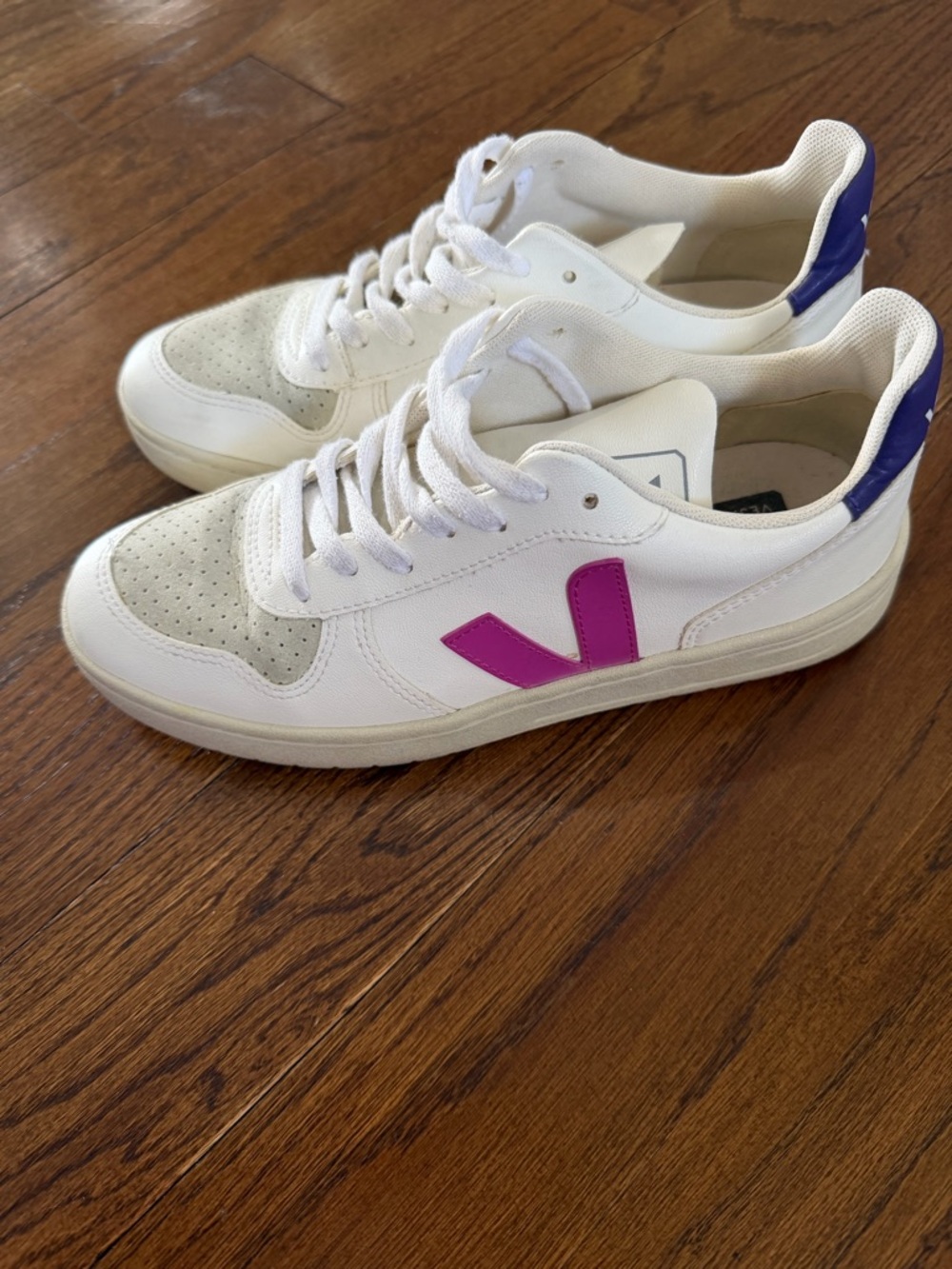 Veja White Leather Sneakers with Pink V and Blue Heel